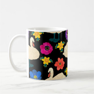 Swans, flowers, hand-drawn black background. coffee mug