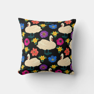 Swans, flowers, hand-drawn black background. cushion