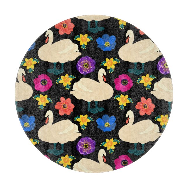 Swans, flowers, hand-drawn black background. cutting board (Front)