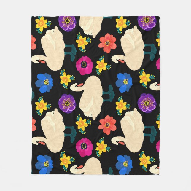 Swans, flowers, hand-drawn black background. fleece blanket (Front)