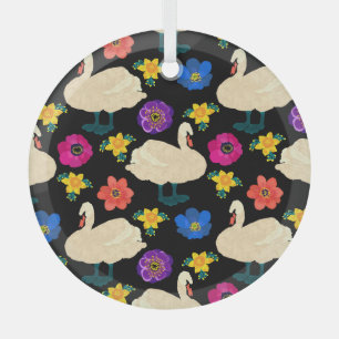 Swans, flowers, hand-drawn black background. glass tree decoration