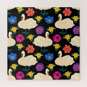 Swans, flowers, hand-drawn black background. jigsaw puzzle
