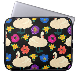 Swans, flowers, hand-drawn black background. laptop sleeve