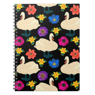 Swans, flowers, hand-drawn black background. notebook
