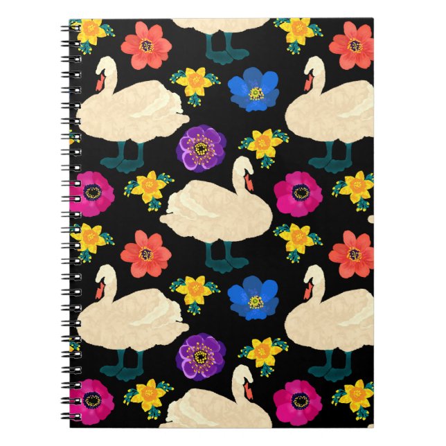 Swans, flowers, hand-drawn black background. notebook (Front)