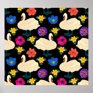 Swans, flowers, hand-drawn black background. poster