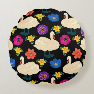 Swans, flowers, hand-drawn black background. round cushion