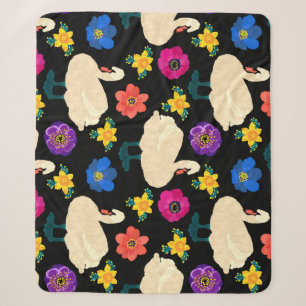 Swans, flowers, hand-drawn black background. sherpa blanket