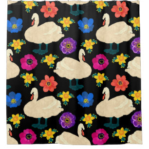 Swans, flowers, hand-drawn black background. shower curtain