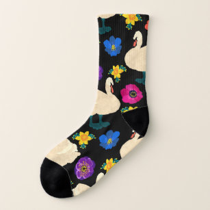 Swans, flowers, hand-drawn black background. socks