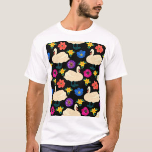Swans, flowers, hand-drawn black background. T-Shirt