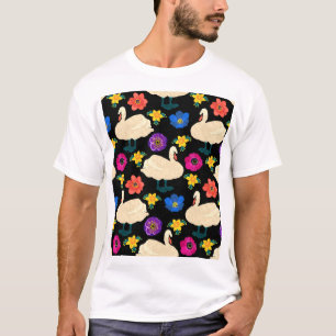 Swans, flowers, hand-drawn black background. T-Shirt