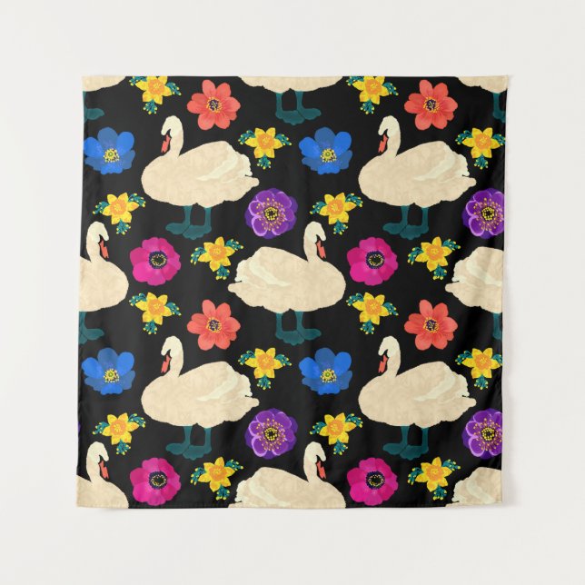 Swans, flowers, hand-drawn black background. tapestry (Front)