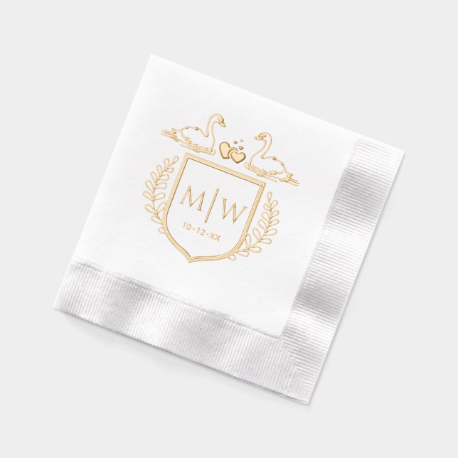 Swans Hearts Crest 2 Initial Wedding Monogram Foil Napkins (Left)
