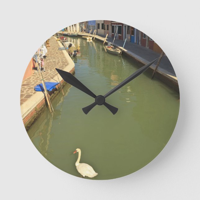 Swans in canal, Burano Island, Venice, Italy Round Clock (Front)