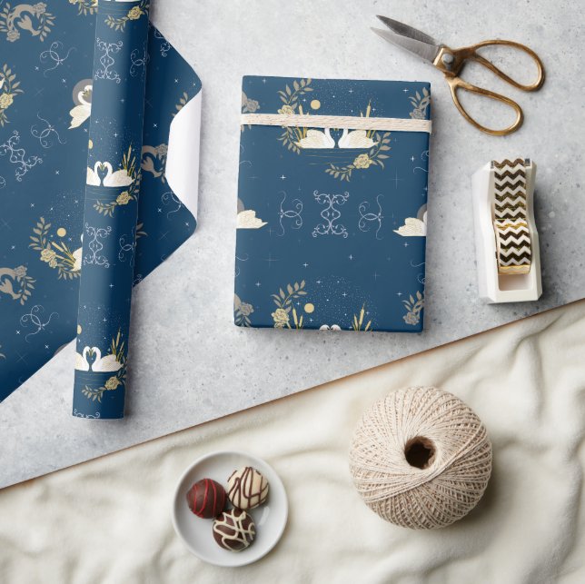 Swans in Love Navy and Gold Gift Wrapping Paper (Crafts)