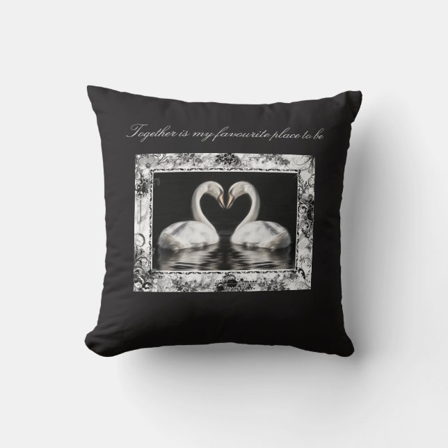swans in love photograph black and white cushion (Front)