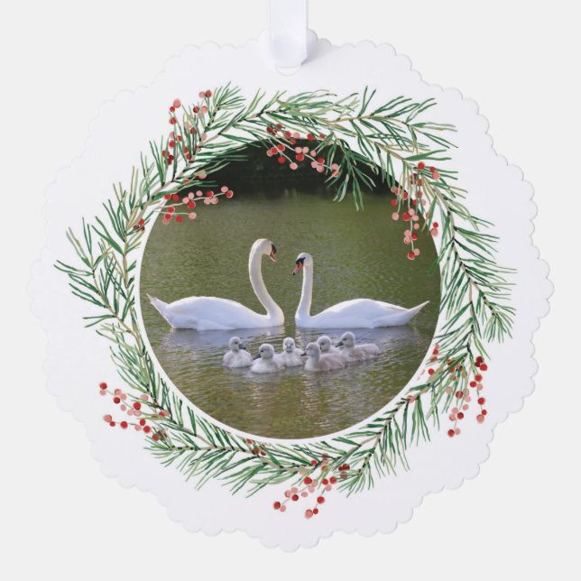 Swans in Pine & Holly Wreath Paper Ornament Card (Front)