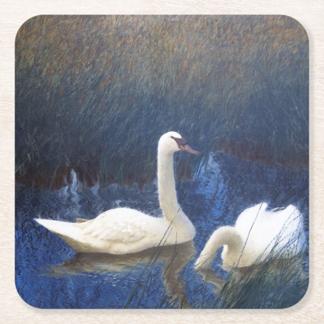 Swans in Reeds, Bruno Liljefors Square Paper Coaster (Front)