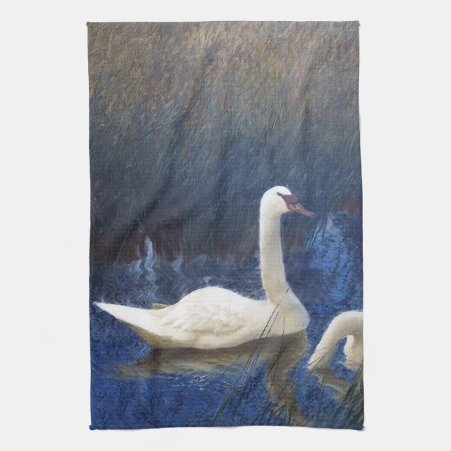 Swans in Reeds, Bruno Liljefors Tea Towel (Vertical)
