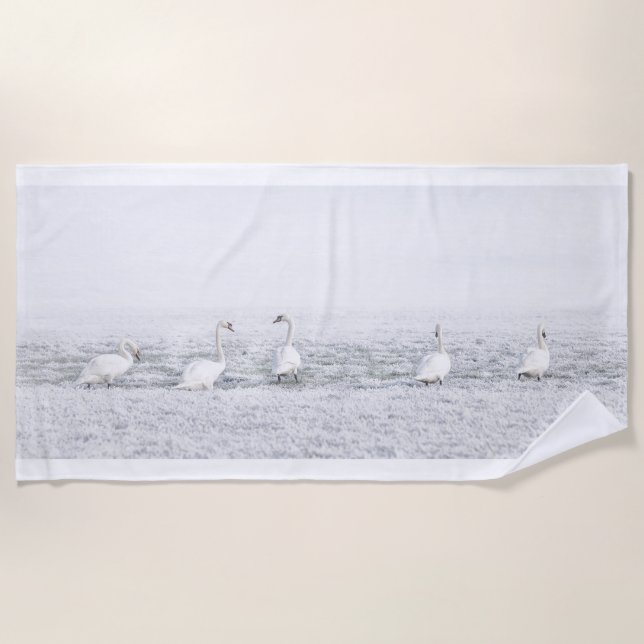 Swans in the winter snow elegant white grey beach towel (Front)