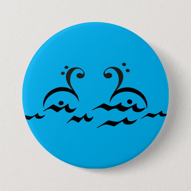 Swans, music symbols, bass clef, fermata, 7.5 cm round badge (Front)