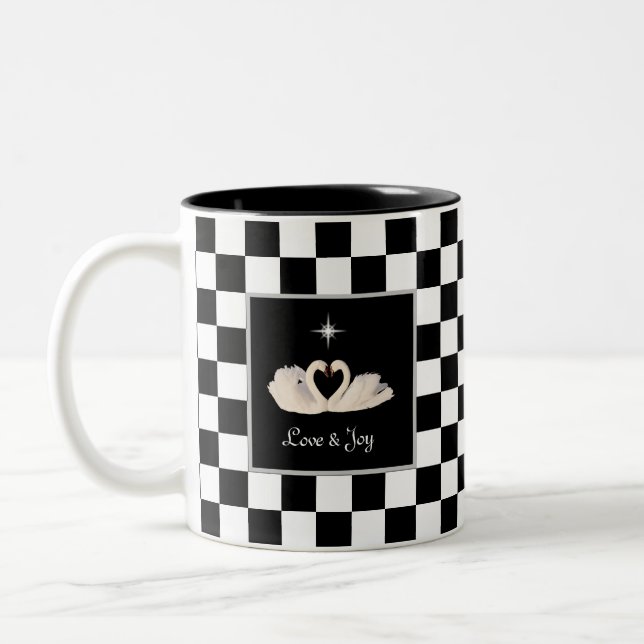 Swans on Black & White Chess Two-Tone Coffee Mug (Left)