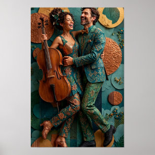 Swapped Joyful Folk Dance Duo - 3D Teal Copper Poster