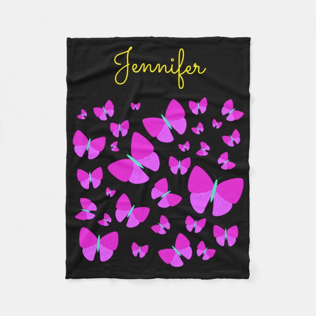 Swarm of Artistic Butterflies + Personalised Name Fleece Blanket (Front)