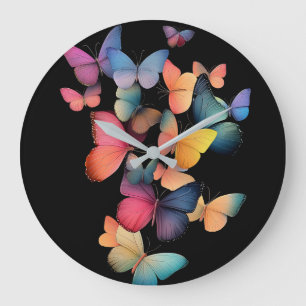 Swarm of Butterflies - Colourful Rainbow on Black Large Clock