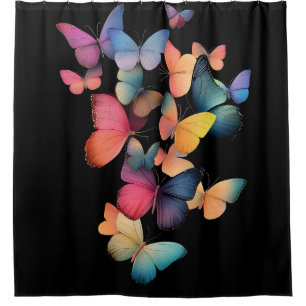 Swarm of Butterflies - Colourful Rainbow on Black Shower Curtain