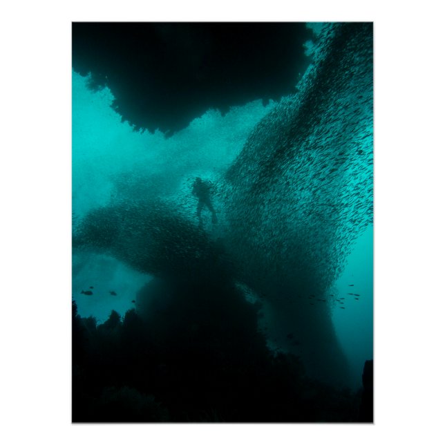 Swarm of the Deep – Diver & Fish School Ocean Poster (Front)