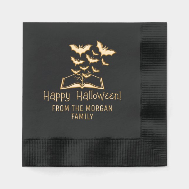 Swarming Bats Book Happy Halloween Wishes Name Foil Napkins (Front)