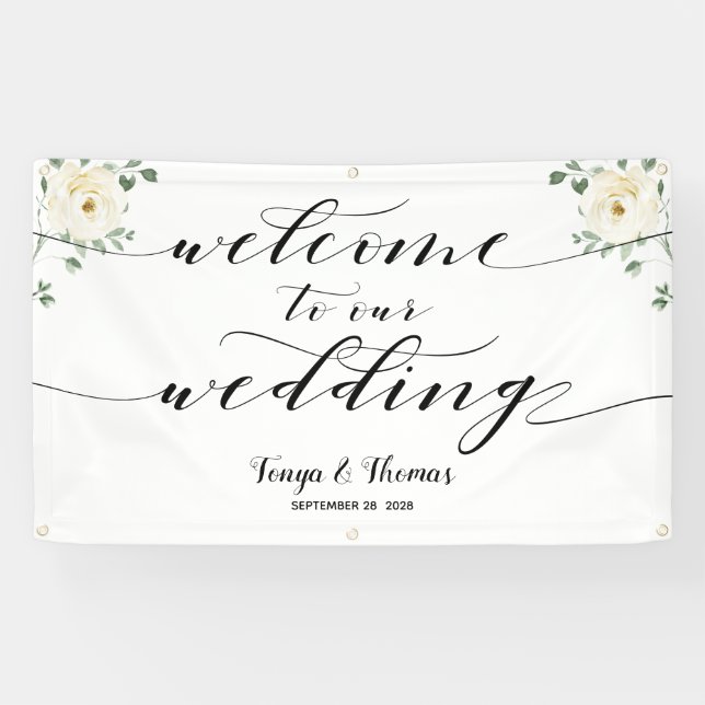 Swash Calligraphy Greenery Welcome To Our Wedding Banner (Horizontal)