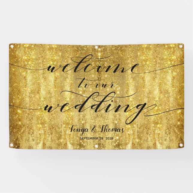 Swash Calligraphy Sparkling Gold Welcome Wedding Banner (Horizontal)