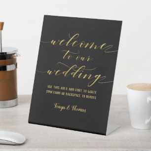 Swash Font Calligraphy Black Gold Welcome Wedding Pedestal Sign