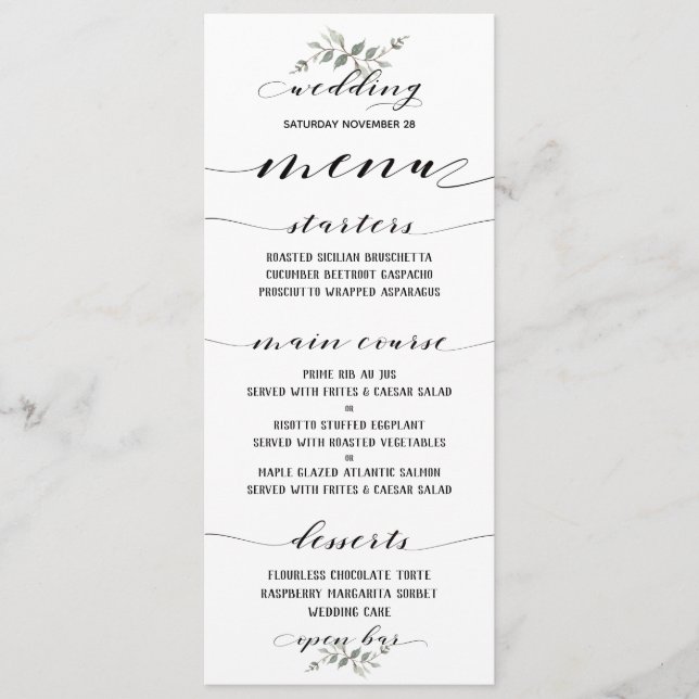 Swash Font Calligraphy Black White Classic Wedding Menu (Front)