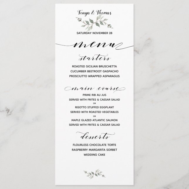 Swash Font Calligraphy Black White Wedding Classic Menu (Front)