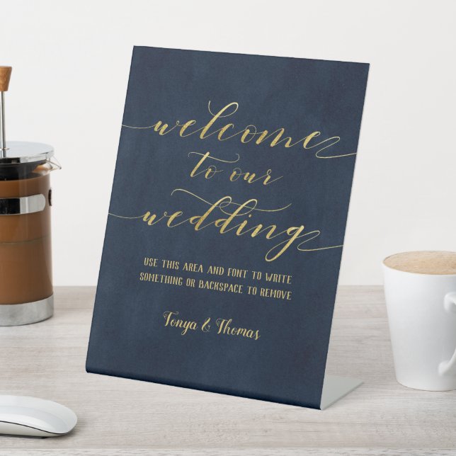 Swash Font Calligraphy Navy Gold Welcome Wedding Pedestal Sign (In SItu)