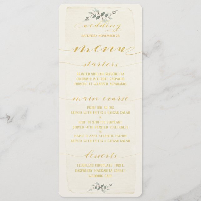 Swash Font Gold Calligraphy Writing Rustic Wedding Menu (Front)