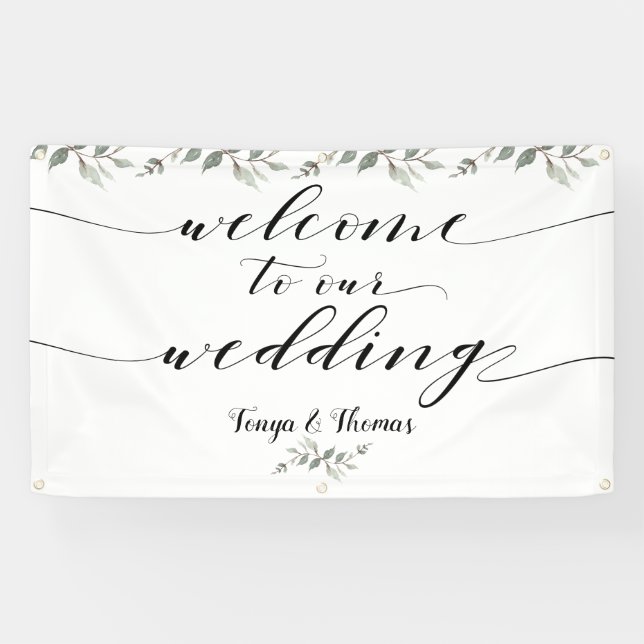 Swash Font Writing Calligraphy Greenery Wedding Banner (Horizontal)