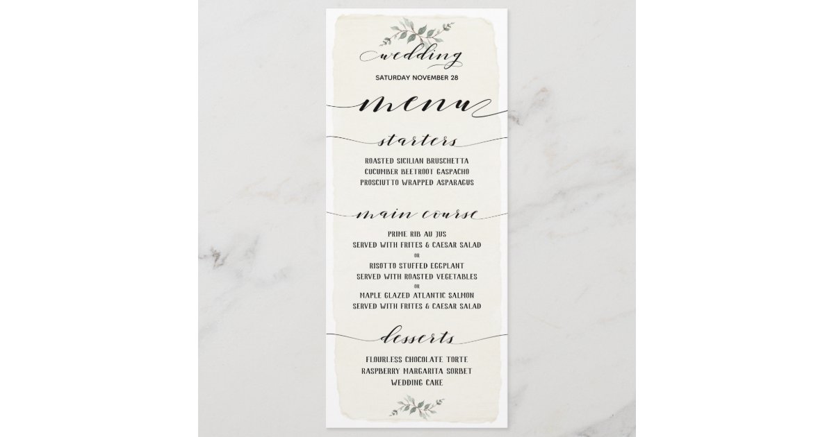 Swash Font Writing Calligraphy Rustic Wedding Menu | Zazzle