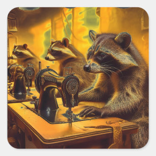 Sweat Shop Scene Raccoons Sewing On Old Machines Square Sticker