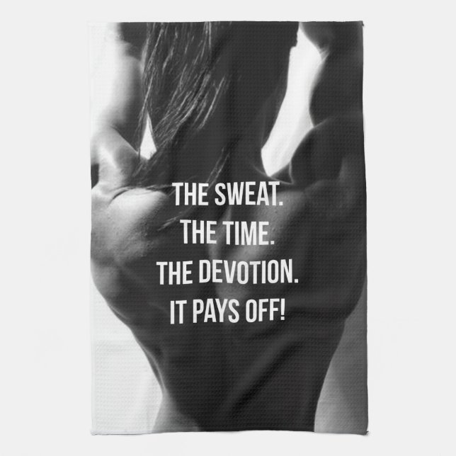 Sweat, Time, Devotion Women's Workout Motivational Tea Towel (Vertical)