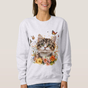 Sweatshirt with Adorable Kitten With Flowers