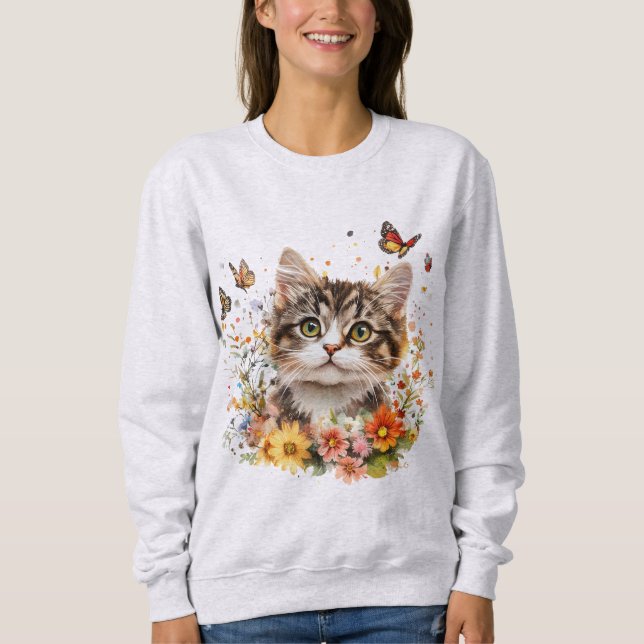Sweatshirt with Adorable Kitten With Flowers (Front)