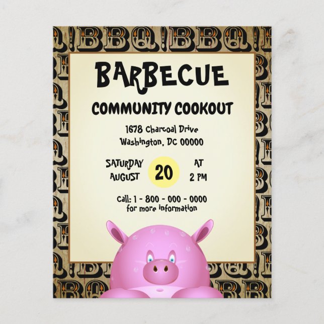 Sweaty Pink Cartoon Pig | Barbecue Flyer (Front)