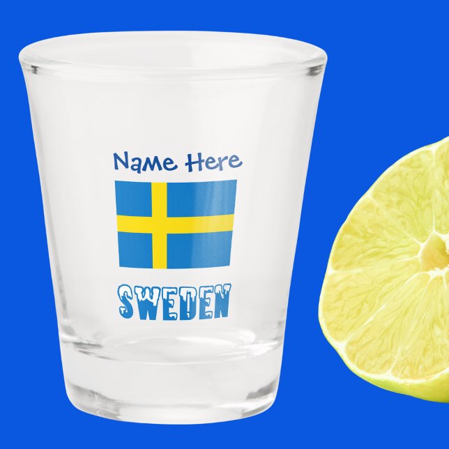 Sweden and Swedish Flag Blue Personalisation  Shot Glass (Personalized shot glass with Swedish Flag and the word SWEDEN in snow capped letters. Add name above)