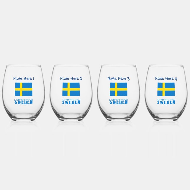 Sweden and Swedish Flag Blue Personalisation  Stemless Wine Glass (Front)