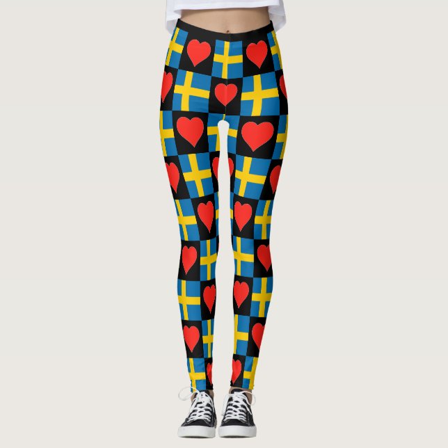 Sweden Flag Heart Pattern Cute Patriotic Swedish Leggings (Front)